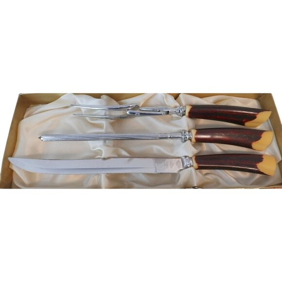 Vintage 9 Pc Glo-Hill Cutlery Carving Set 6 Steak Knifes Bakelite Handle in Case - Picture 7 of 8
